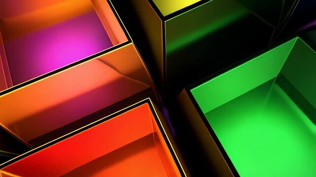 Abstract arrangement of rectangular boxes exhibiting diverse vibrant colors in a geometric pattern, showcasing depth and artistic composition