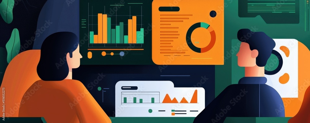 Poster innovation lab collaboration transformation concept. modern data analysis scene with two people obse
