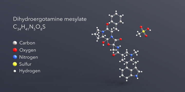 dihydroergotamine mesylate molecule 3d rendering, flat molecular structure with chemical formula and atoms color coding