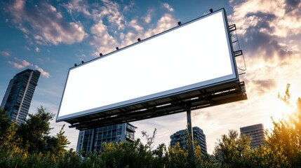 Large outdoor blank advertising billboard on city skyline with tall buildings and sunset sky background