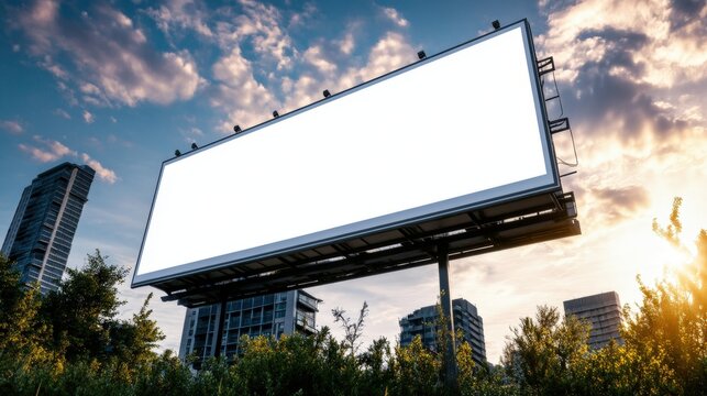 Large outdoor blank advertising billboard on city skyline with tall buildings and sunset sky background - Powered by Adobe