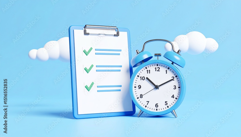 Poster clock and clipboard with checklist illustrating organization and time management concept for product
