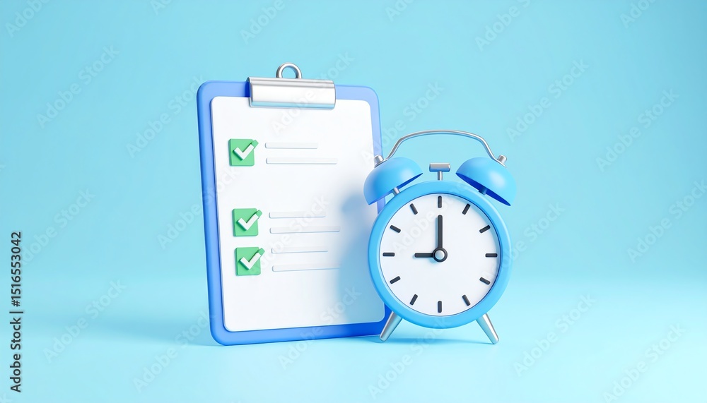 Poster blue alarm clock and clipboard with a checklist illustrating the concept of punctuality and task man