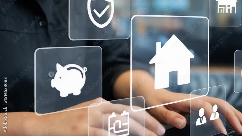 Aufkleber person using a laptop with various financial and lifestyle icons floating around the screen display