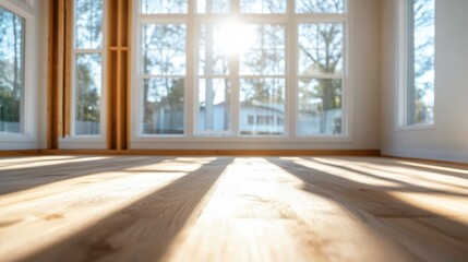 Obraz premium A bright, sunlit room features large windows flooding warm light onto a wooden floor, evoking a sense of home, comfort, and inviting tranquility.