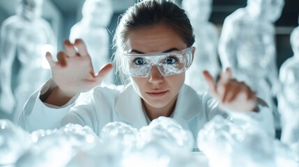 A focused female scientist in a lab coat examines translucent brain models, symbolizing advanced research and innovative approaches in neuroscience and technology.
