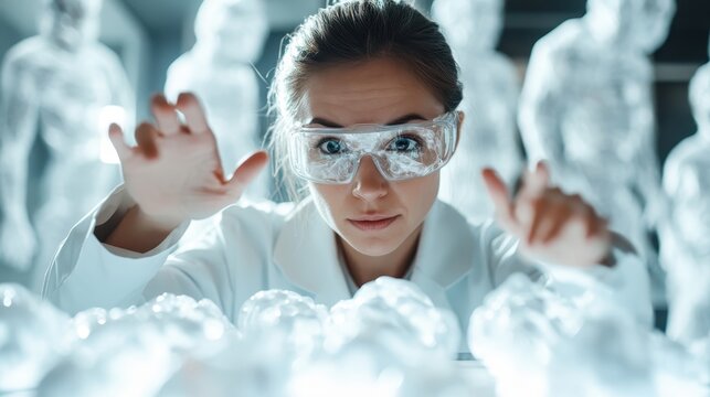 A focused female scientist in a lab coat examines translucent brain models, symbolizing advanced research and innovative approaches in neuroscience and technology.