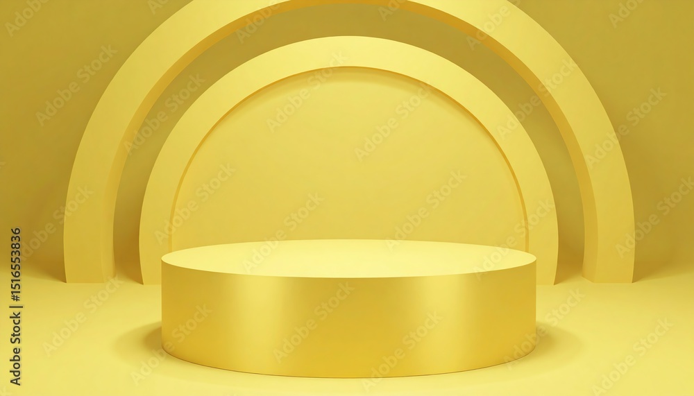 Poster a bright yellow circular table on a golden scene podium with geometric shapes and a colorful 3d back