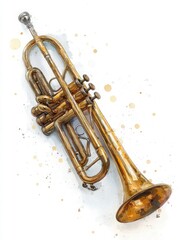 A detailed illustration of a brass trumpet lies diagonally on a textured surface, adorned with artistic splashes of color, capturing the instruments elegant curves and shine.
