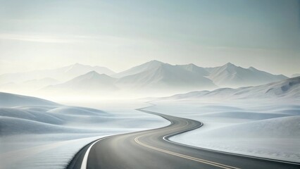 Serene Winter Journey A Winding Asphalt Road Through Snow-Covered Hills and Misty Mountains