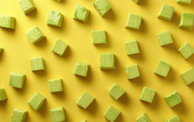Avocado cubes arranged in a pattern on yellow background.
