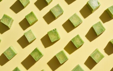 Avocado cubes arranged in a pattern on yellow background with hard shadows.