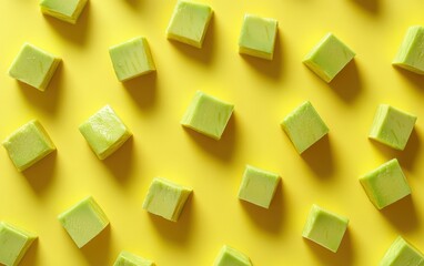 Avocado cubes arranged in a pattern on yellow background.