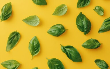 Fresh basil leaves arranged in a pattern on yellow background.