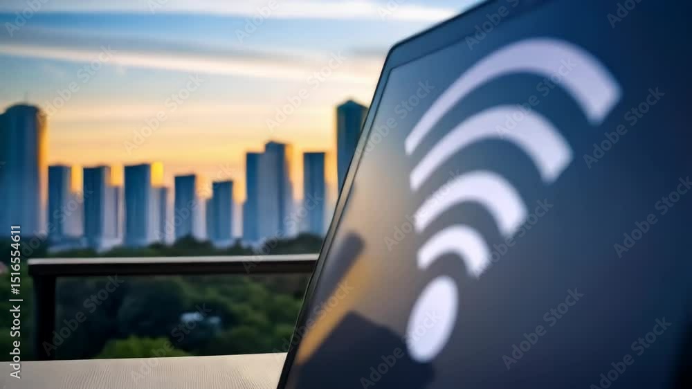 Poster laptop displaying a glowing wireless internet connection symbol with a blurred city skyline and a su