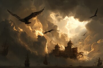 Obraz premium Dramatic Seascape with Birds and Ships
