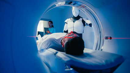 Middle-aged patient resting on diagnostic bed while intelligent robot overseeing procedure inside CT machine. Focused female nurse operating tablet and reviewing scan completion.