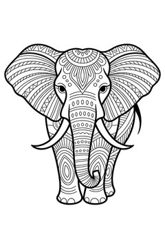 Coloring page of an ornate elephant isolated on white background with tribal patterns