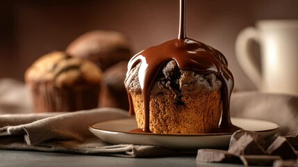 Chocolate sauce pours onto a delicious chocolate cupcake. Decadent dessert for bakery marketing. Sweet treat for advertising, menu or recipe blog.