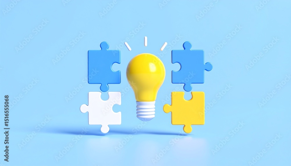 Poster light bulb surrounded by jigsaw puzzle pieces representing teamwork partnership brainstorming and in