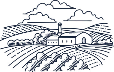Countryside landscape sketch with farmhouse, trees, and fields rural agriculture, scenic horizon, peaceful farm scene