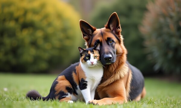 Loyal German Shepherd and Calico Cat Relaxing Together on Sunny Garden Lawn - Powered by Adobe