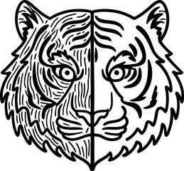 Fototapeta premium Half realistic, half abstract tiger head illustration symmetrical feline face, line art, wildlife concept