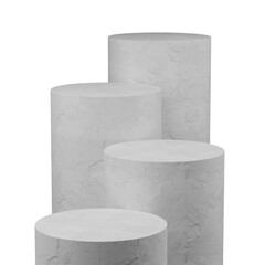 3d Render of 4 cylinder podiums in rock color. transparent background.