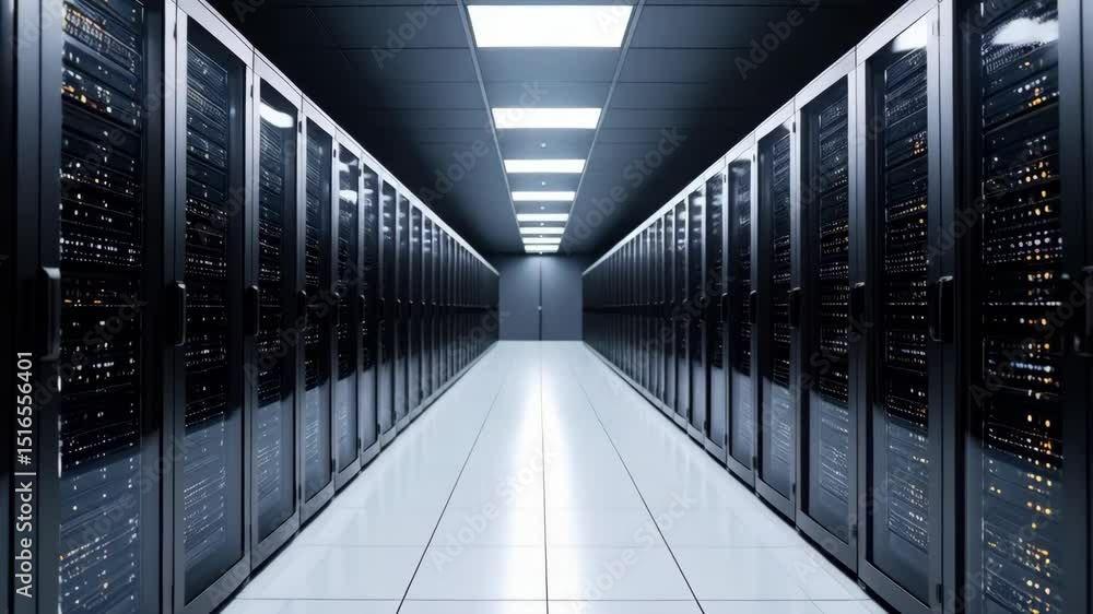Poster inside view of a modern data center, featuring rows of server racks, bright white tiled floor and da