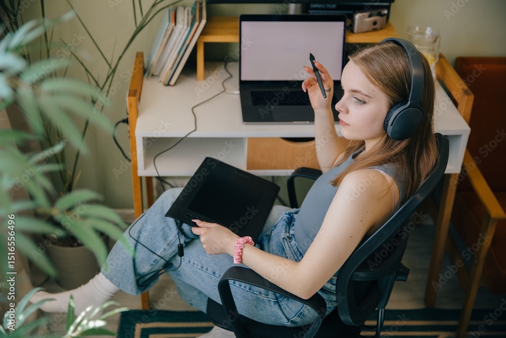 Fototapete young graphic designer working from home using graphics tablet and laptop