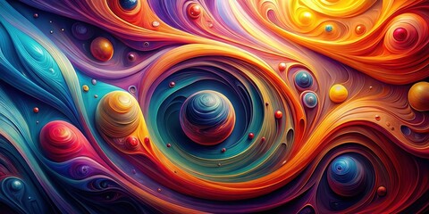 Abstract swirling cosmos of vibrant hues and celestial spheres, a mesmerizing display of colorful cosmic energy and planetary forms in dynamic motion