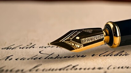 Close-up of vintage fountain pen with golden nib on parchment paper writing calligraphy script, aged document - Powered by Adobe