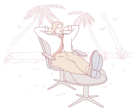 A successful businessman is taking a break while relaxing in a comfy beachside office chair, enjoying true leisure