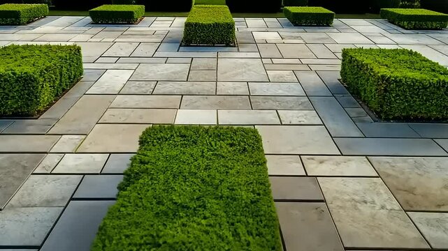 Tranquil outdoor setting featuring manicured boxwood hedges and stone pathway