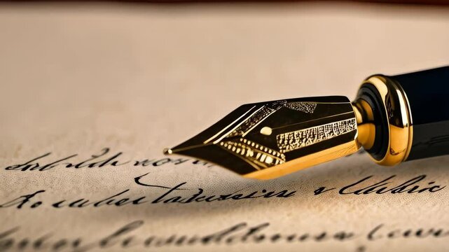 Close-up of vintage fountain pen with golden nib on parchment paper writing calligraphy script, aged document