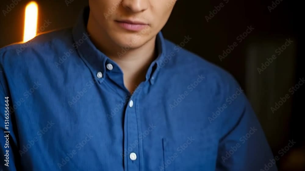 Poster Man using ai generate search bar on device with laptop and blue shirt in a modern workspace view