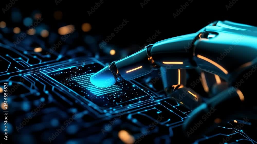 Poster robotic hand artificial intelligence technology circuit board futuristic blue glowing innovation as 