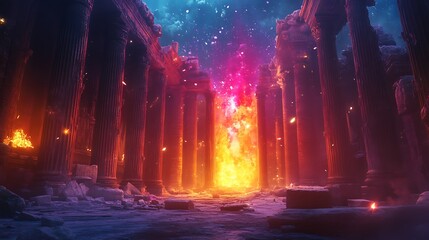Fototapeta premium Ancient ruins illuminated by mystical fire, evoking a sense of wonder and mystery