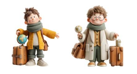 Two cute cartoon travel agents with suitcases and globe, ready for adventure and exploration, exuding excitement and joy