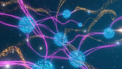 An abstract glowing neural network deep space, vibrant electric blue, fuchsia, gold 3D data nodes constantly morphing wireframe brain structure particle flows lens flares sci-fi touch. Cinematic slow - Powered by Adobe