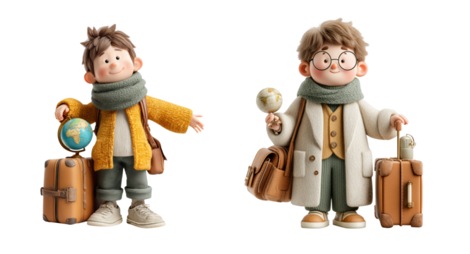 Two cute cartoon travel agents with suitcases and globe, ready for adventure and exploration, exuding excitement and joy