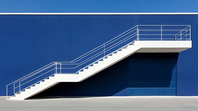 Modern outdoor staircase with white railings against a blue building wall - Powered by Adobe