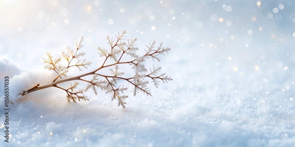 Poster a delicate winter branch, adorned with frost, rests gently on a pristine blanket of snow, illuminate