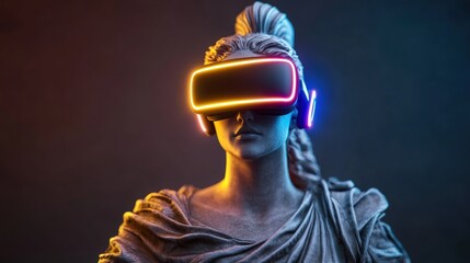Woman wea futuristic virtual reality headset with glowing neon lights and colorful hair in dark background