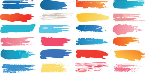 Vector Collection of 24 Colorful Brushstroke Elements Arranged in a Rectangular Grid with Textured and Smooth Styles on a Clean White Background

