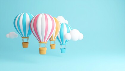 Naklejka premium Multiple hot air balloons gracefully floating in the clear sky surrounded by fluffy clouds creating an inviting scene