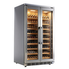 A sleek, modern glass-front refrigerator showcasing organized shelves filled with jars, ideal for preserving various snacks or ingredients, creating a stylish kitchen centerpiece.