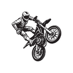 Motocross rider on a white background, isolated black silhouette jumping a sport motorcycle with speed