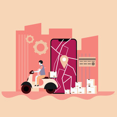 Modern Package Delivery – Courier on Scooter with Smartphone Navigation and Logistics Symbols
