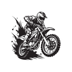 Black silhouette vector illustration of a motocross sport biker riding a motorcycle at speed, performing a stunt jump